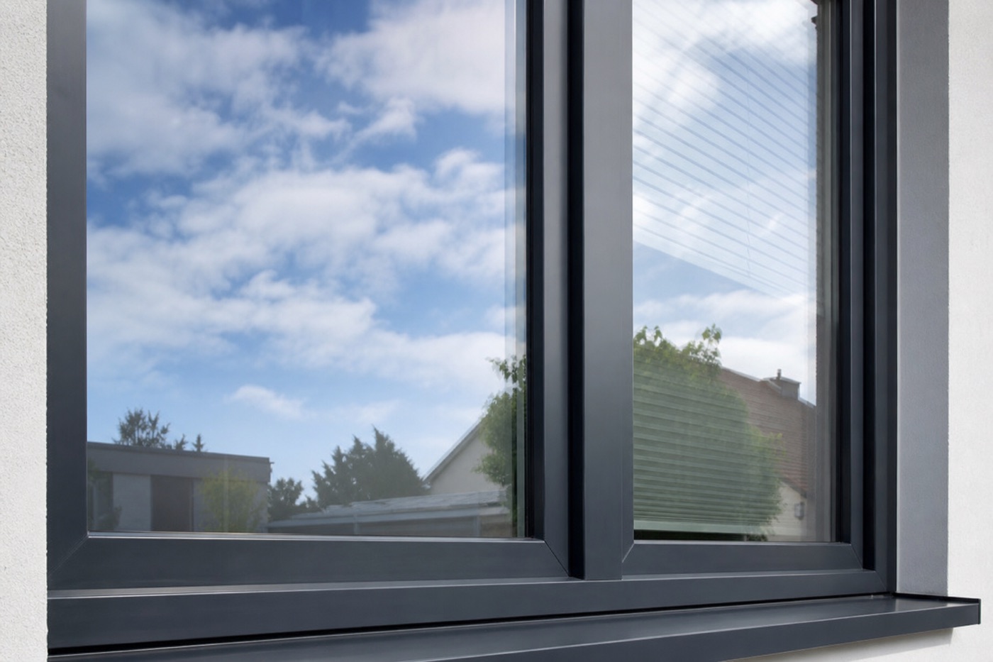Klares Fenster mit blauem Himmel
